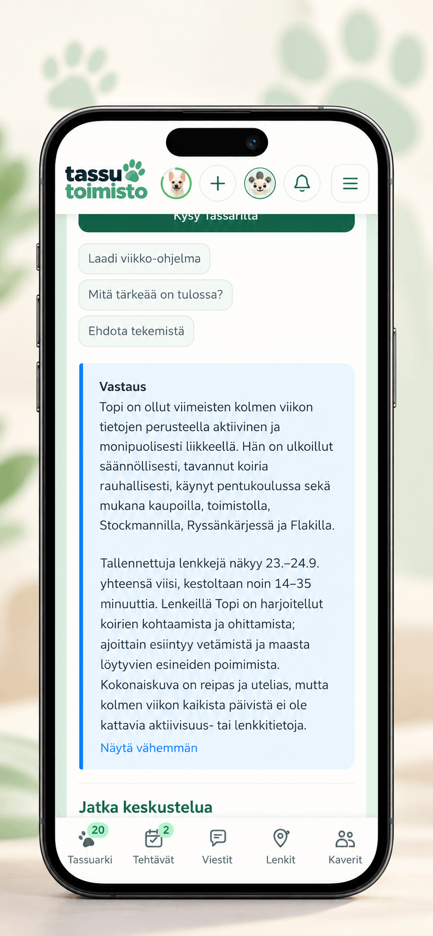 Esimerkki Tassarin vastauksesta Topin tallennettuun aktiivisuuteen
